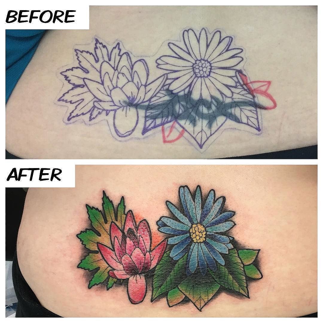 Did this cover-up today for Betsy!! Thank you for coming in!! #kruegertattoo #2189eastridgecenter #7155141263 #eauclaire #wi #tattoo #tattoos #apexpred #solaceskateco #the_grind_fitness_factory #carmikecinema #flowers